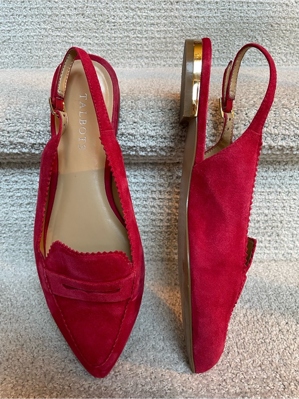 Talbots Poppy Suede Leather Sling Back in Red Gold Pointed Toe Low Heel Shoes